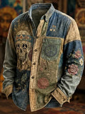 Men's Hippie Skull With Peace Sign Eyes And Floral Headband Print Long Sleeve Pocket Shirt