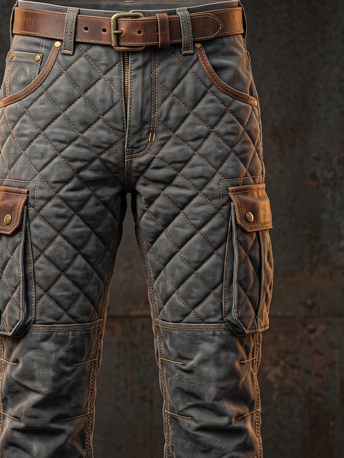 Men's Retro Multi-functional Cargo Pants with Textured Grid Pattern