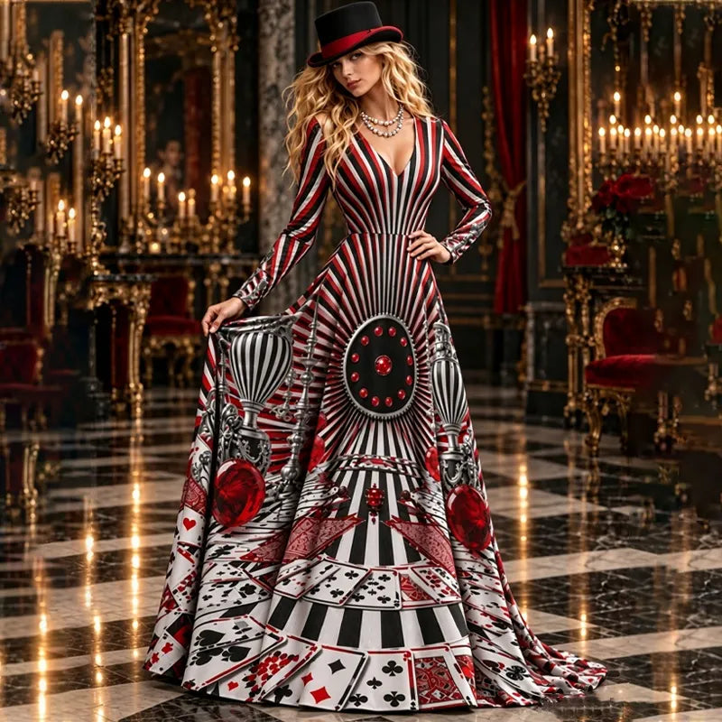 Women's Gothic Halloween Casino Element Poker Stripe Print Long-sleeve Dress