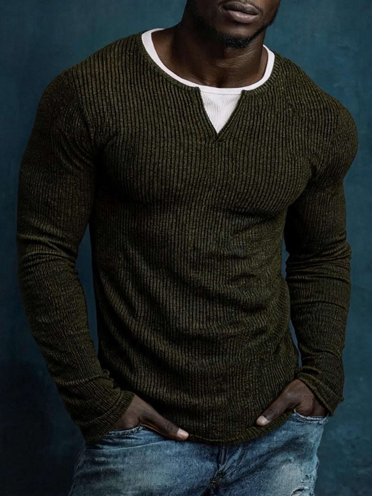 Men's Vintage-Wash Ribbed Color-Block Long-Sleeve T-Shirt