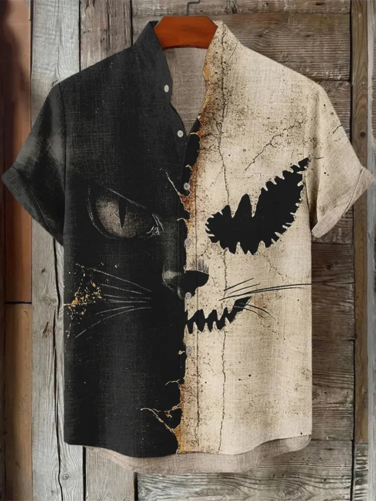 Men's Halloween Gothic Horror Cat Geometric Art Linen Shirt