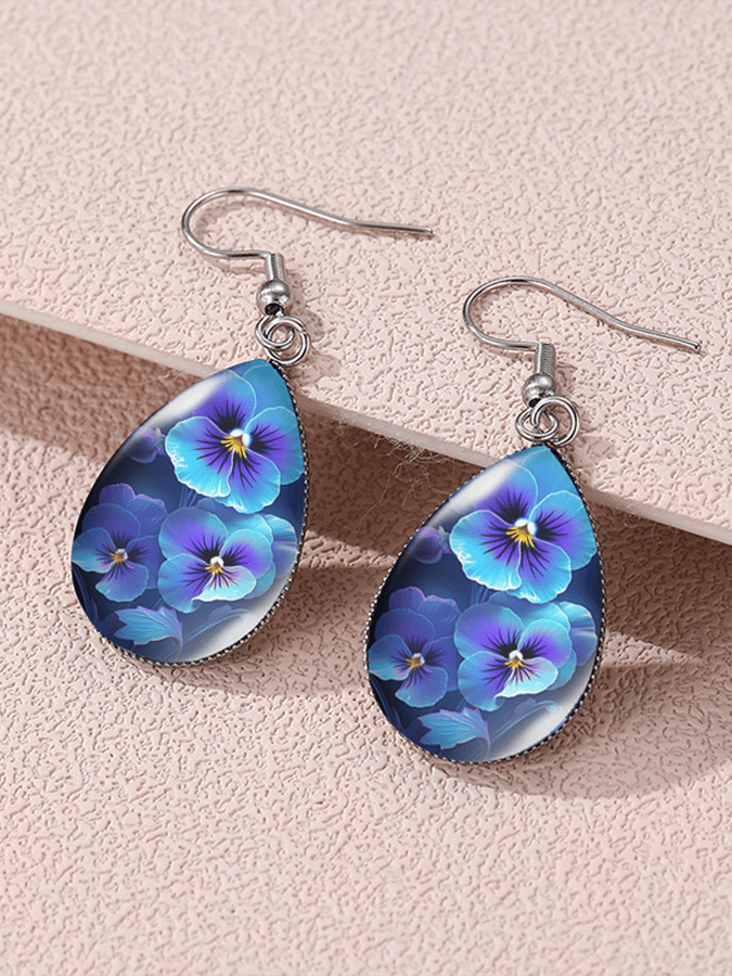 Purple Drop-Shaped Pansy Flower Design Earrings