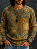 Men's Boho Sun Moon Owl And Geometric Eye Elements Print Round Neck Sweater