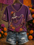 Women's Day Of The Dead Elegant Skeleton Lady Marigold Floral Print V-Neck T-Shirt
