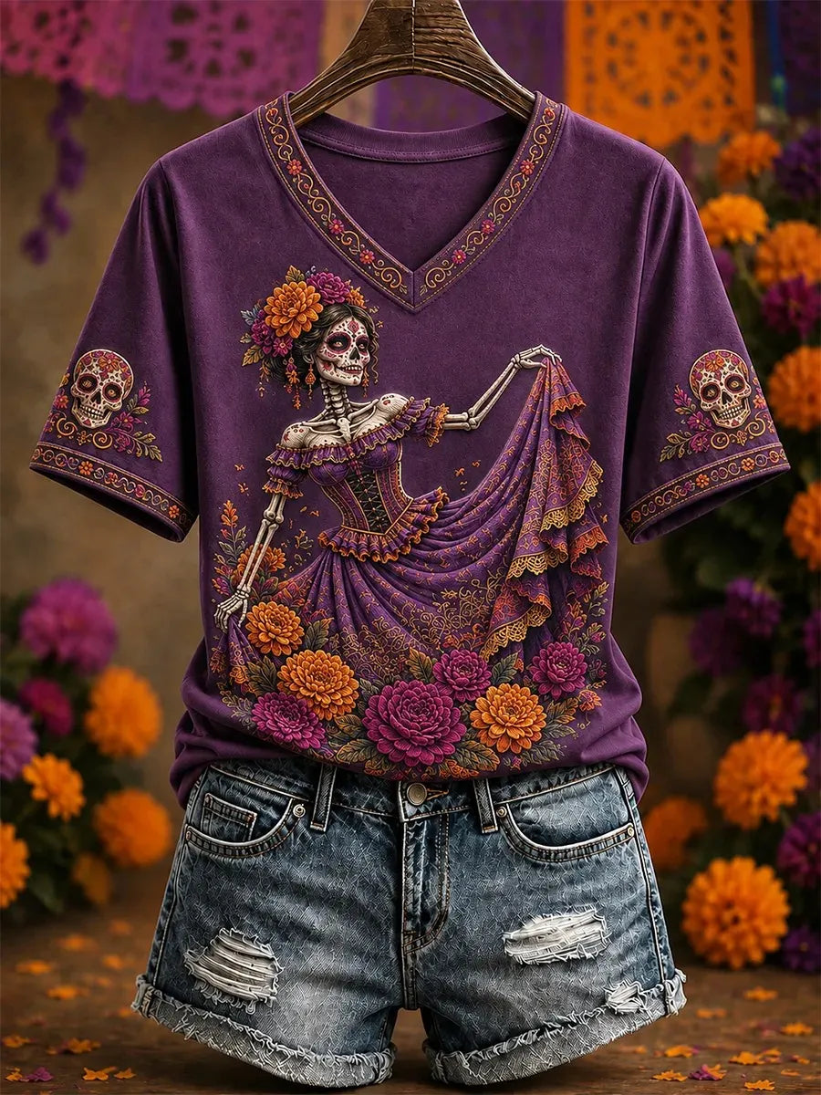 Women's Day Of The Dead Elegant Skeleton Lady Marigold Floral Print V-Neck T-Shirt