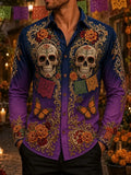 Men's Day Of The Dead Twin Painted‐Skull Monarch Butterfly Vintage Floral Print Long Sleeve Shirt