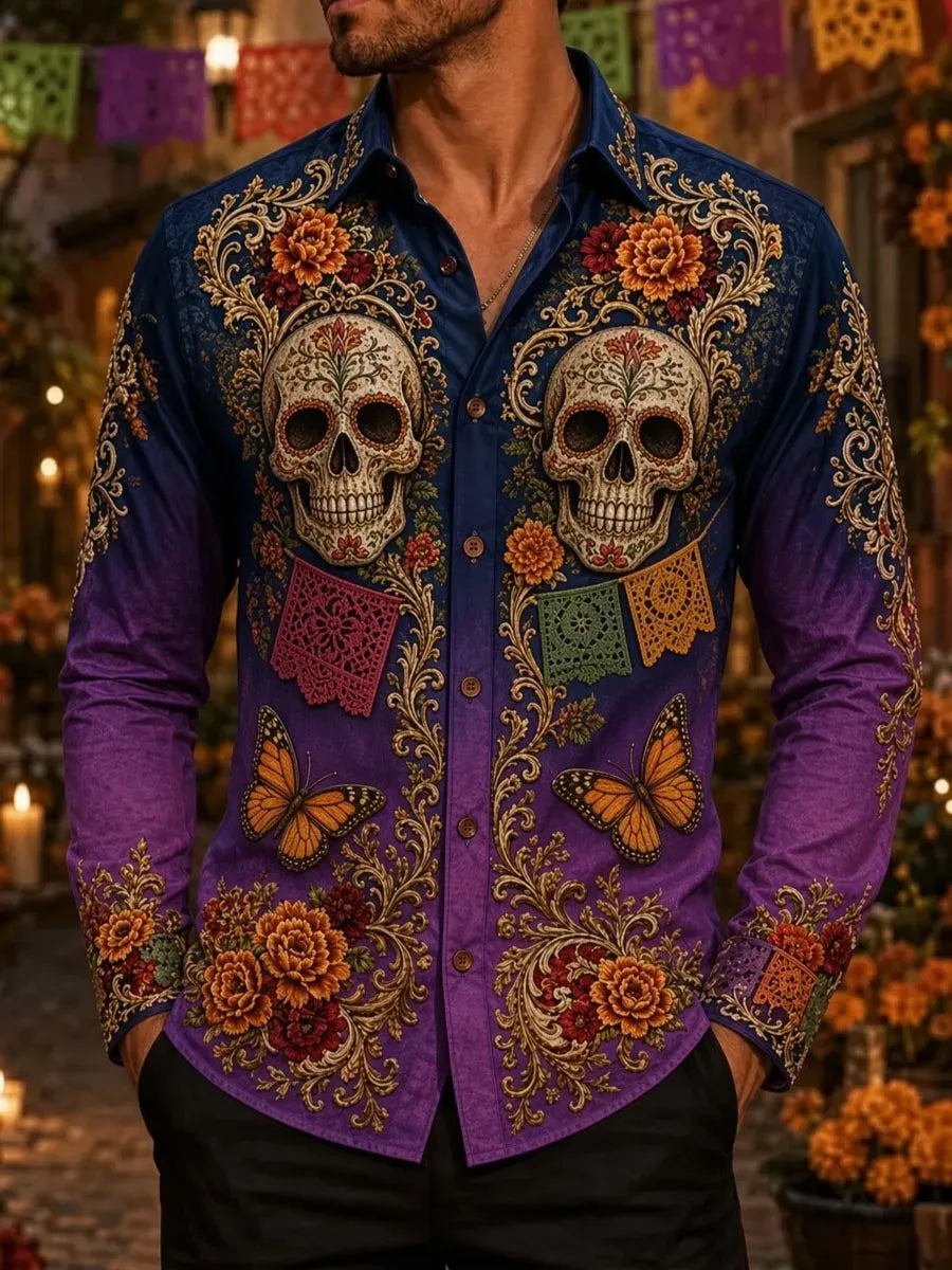 Men's Day Of The Dead Twin Painted‐Skull Monarch Butterfly Vintage Floral Print Long Sleeve Shirt