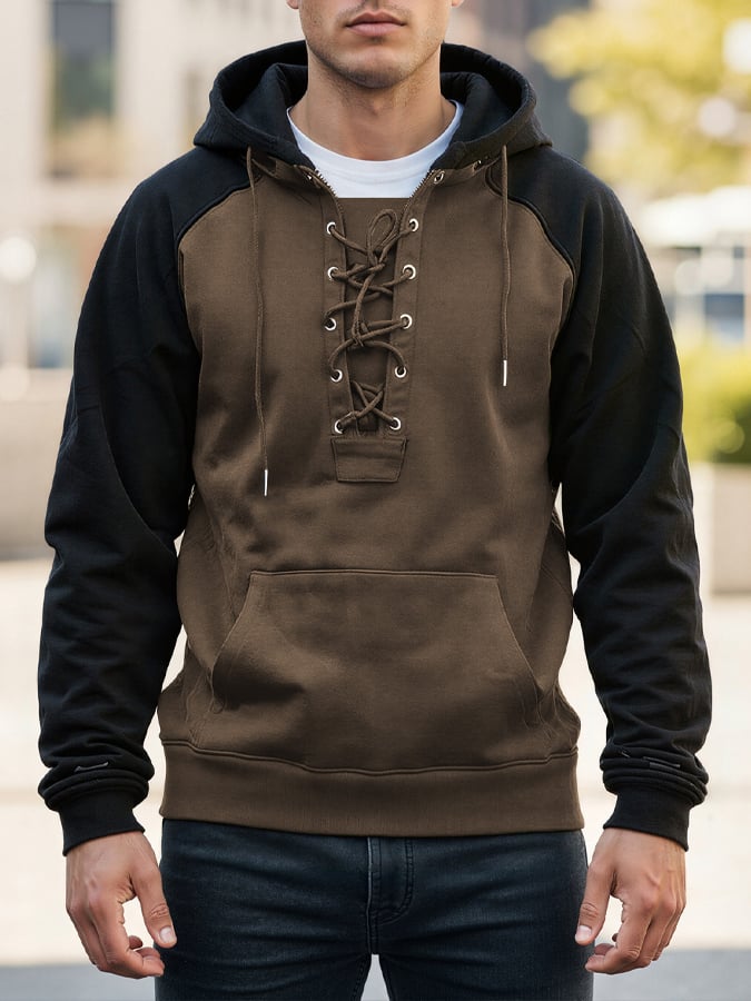 Men's Retro Color-Block Lace-Up Hoodie