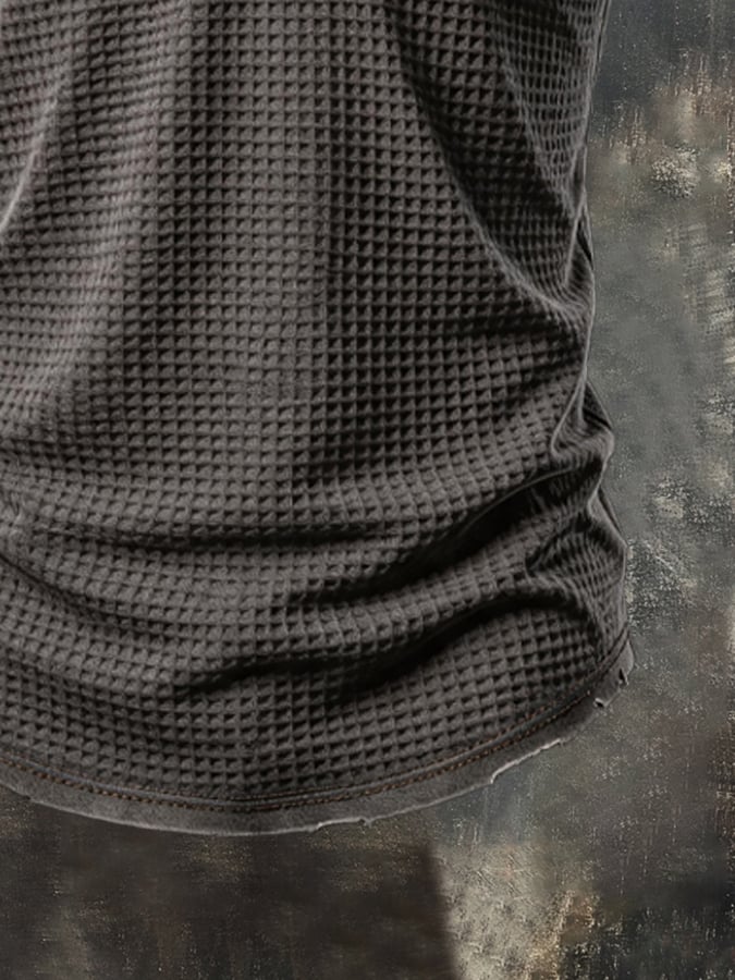 Men's Vintage Washed Cotton & Leather-Panel Lace-Up T-Shirt
