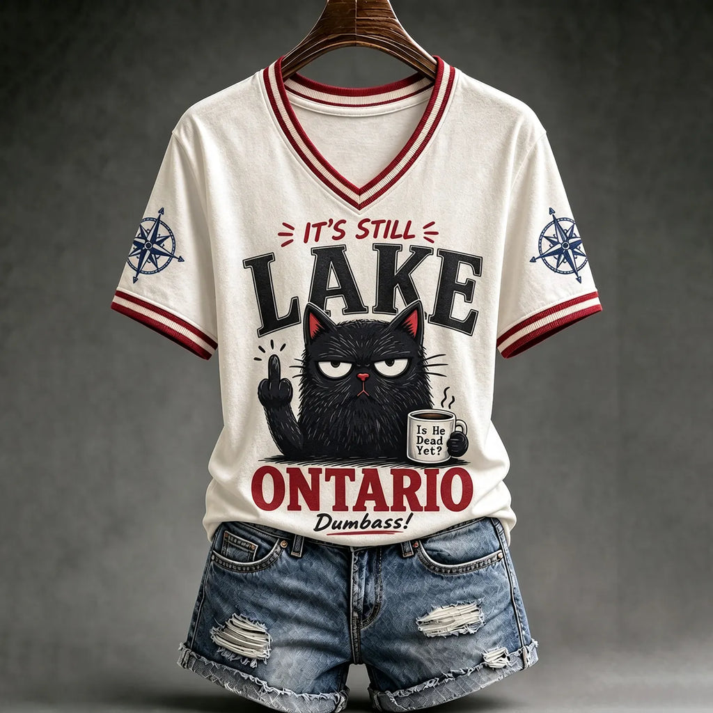 Women’s Vintage Lake Cat Art Print V Neck Casual T-shirt