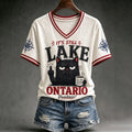 Women’s Vintage Lake Cat Art Print V Neck Casual T-shirt