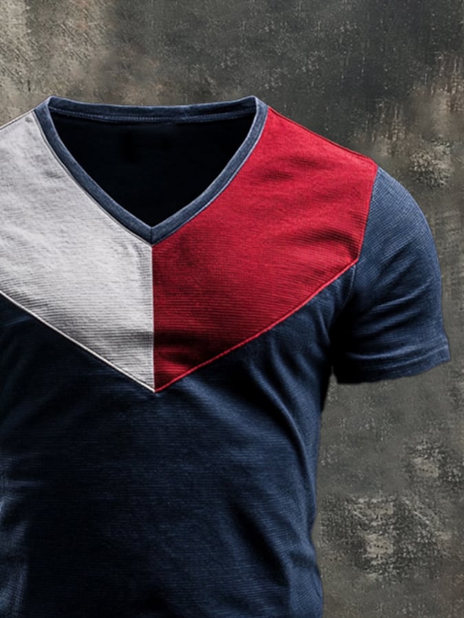 Men's retro-style washed V-neck short-sleeved T-shirt in contrasting color