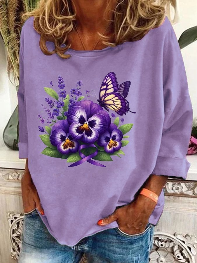 Women's Alzheimer's Awareness Purple Floral Print Casual Sweatshirt