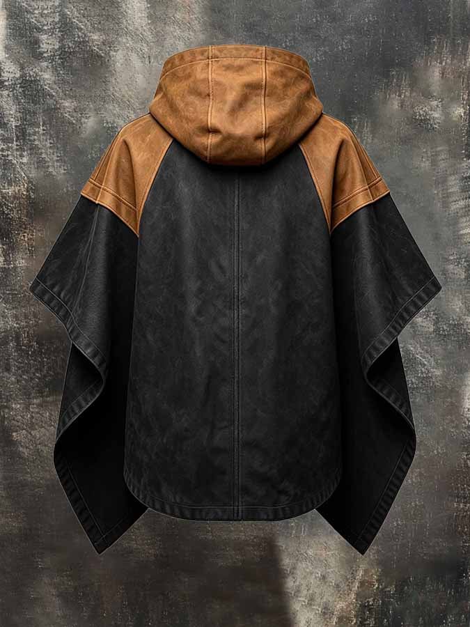Men's Vintage Color-Block Hooded Cape/Cloak