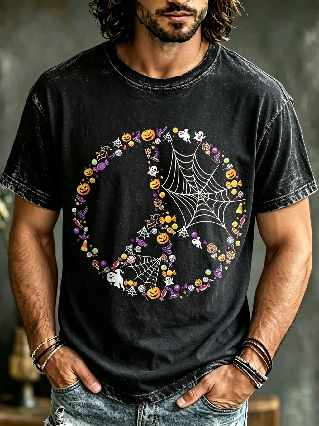 Men's Halloween Peace Symbol Pumpkin Spider Web Pattern Casual Crew Neck T-shirt