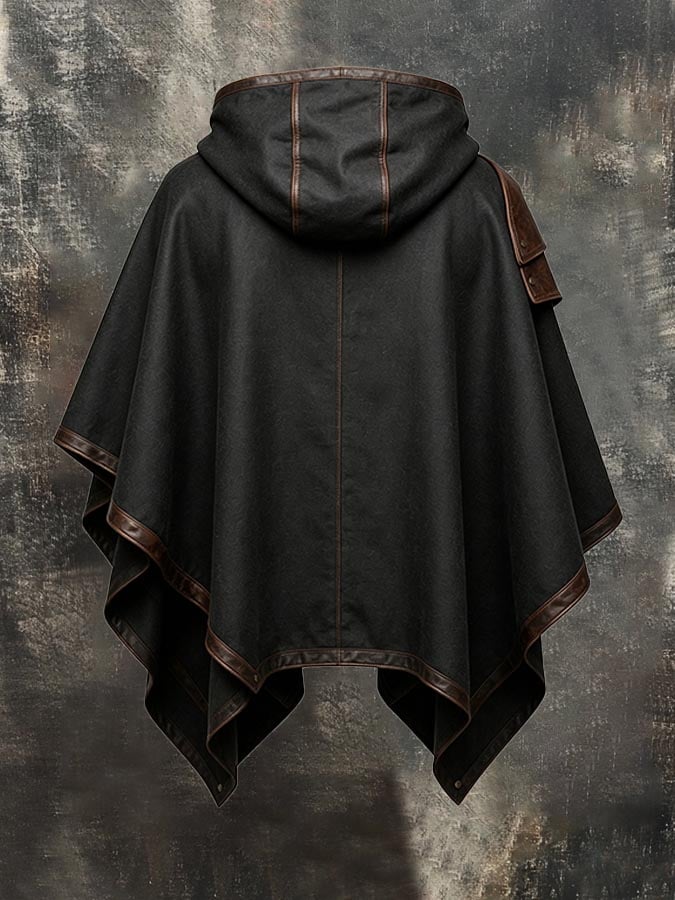 Men'S Vintage Wool-Blend And Leather Paneled Warm Cape/Cloak