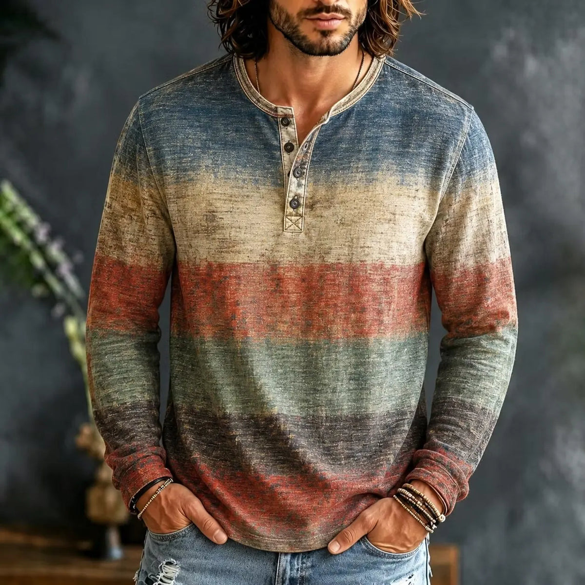 Men's Color Block Print Henry Collar Long Sleeve T-Shirt