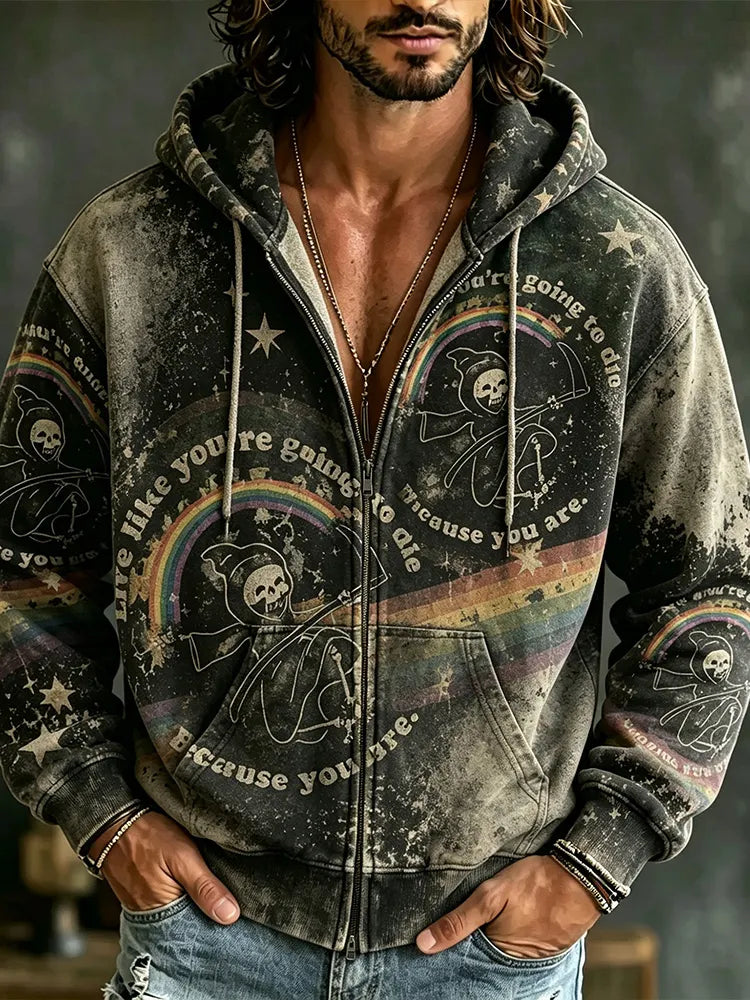 Men's Retro Washed Distressed Hippie Death Rainbow Pattern Casual Hooded Sweatshirt