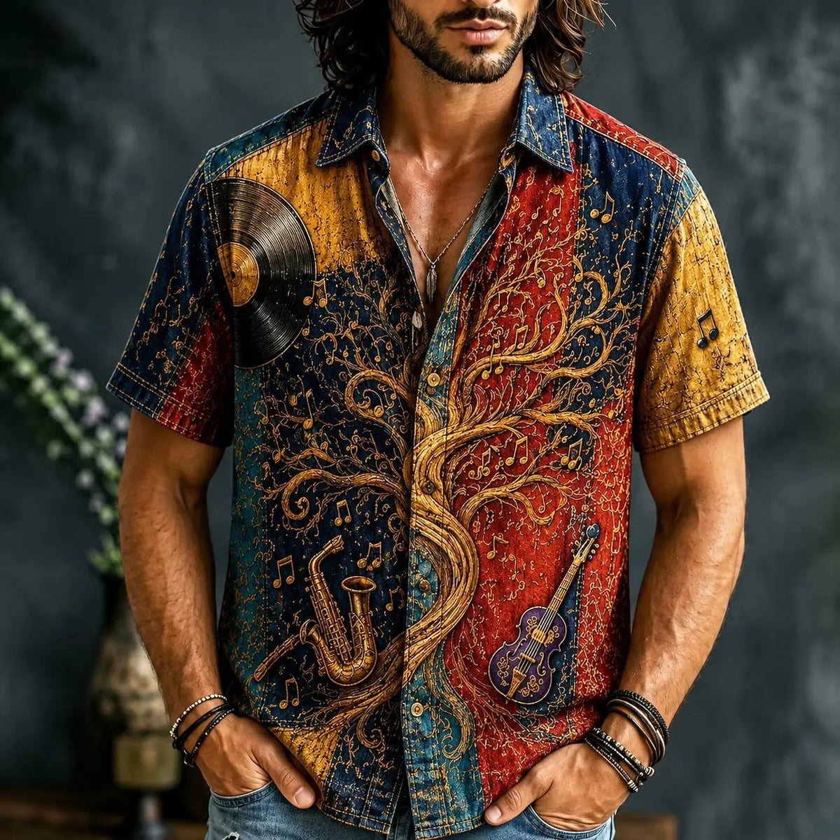Men's Vintage Tree of Life Jazz Music Retro Patchwork Print Short Sleeve Buttons Shirt