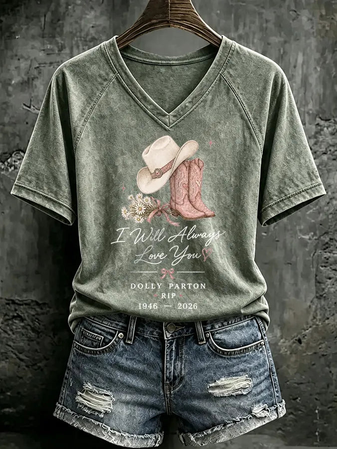 V Neck Retro I Will Always Love You Western Cowgirl Pink Cowboy Boots Print T-Shirt