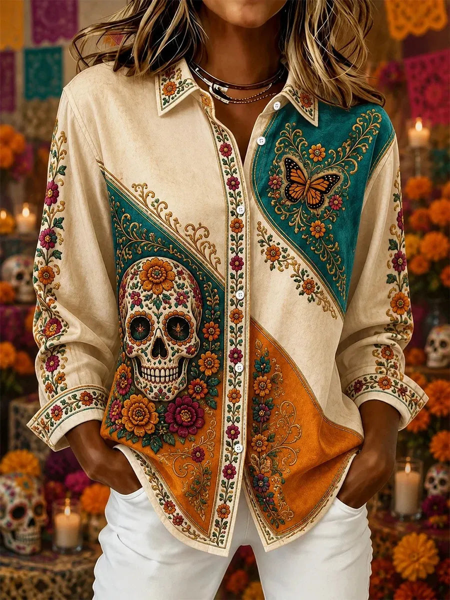 Women's Day Of The Dead Print Long Sleeve Shirt