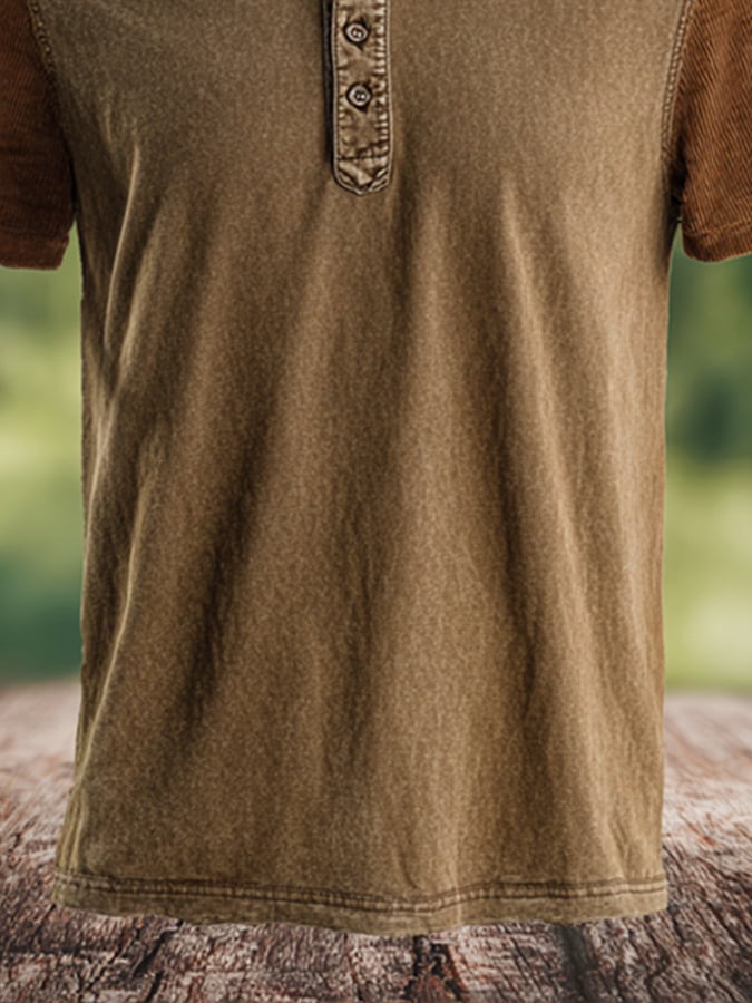 Men's casual retro washed cotton colorblock Henley t-shirt