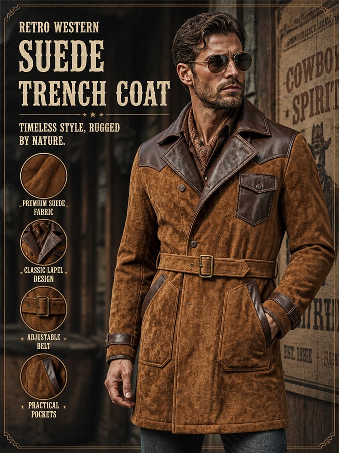 Men's Stylish Vintage-Style Faux Suede Mid-Length Trench Coat