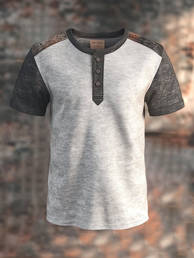Men's retro colorblock slim fit short sleeve Henley T-shirt