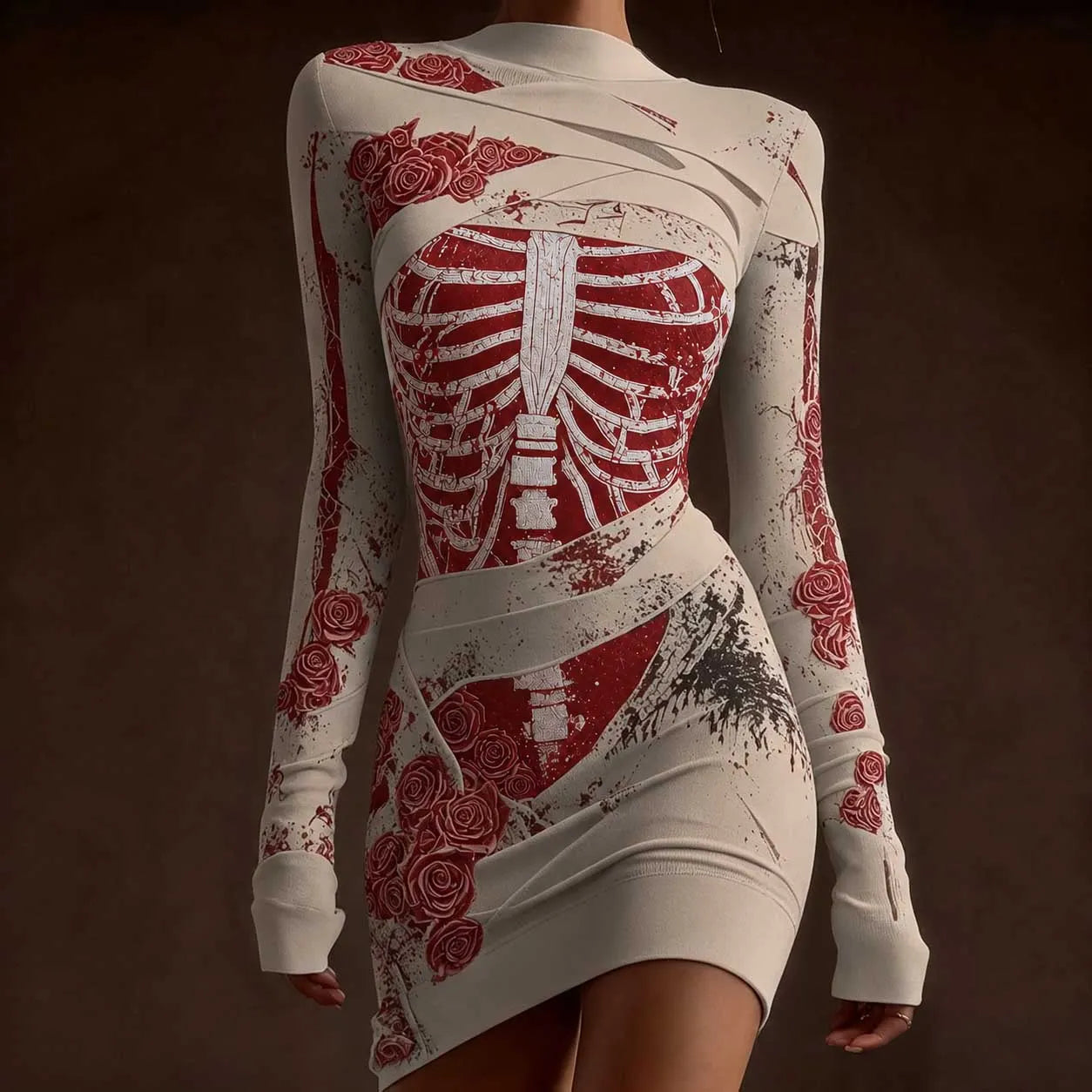 Classy Skeleton Anatomy Bloody Roses Bandages Knit Sweater Dress