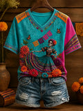 Women's Day Of The Dead Dancing Skeleton Marigold Flowers Print V Neck Raglan T-Shirt