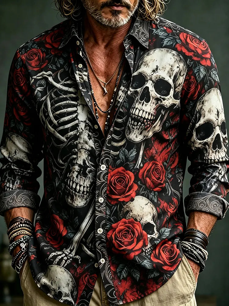 Men's Retro Vacation Rose Skull Print Long-sleeved Cotton Linen Shirt