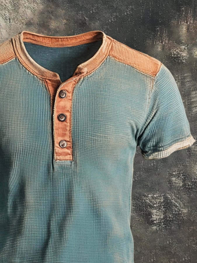 Men's Casual Waffle Colorblock Henley Short Sleeve T-Shirt