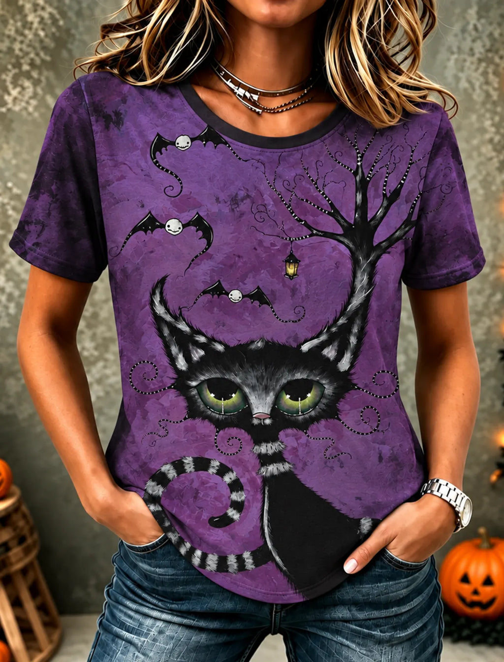 Women's Vintage Gothic Halloween Cat Print Comfy Print Tshirt