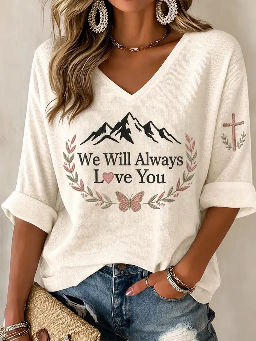 Women'S Commemorative Printed Waffle V-Neck Top