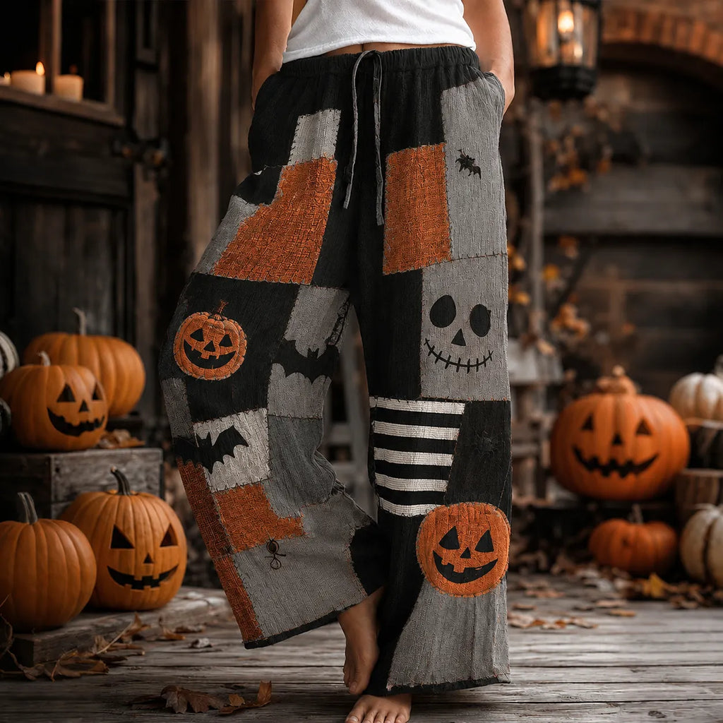 Women's Halloween Retro Pumpkin Bat Color Block Cotton Linen Pants