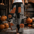Women's Halloween Retro Pumpkin Bat Color Block Cotton Linen Pants