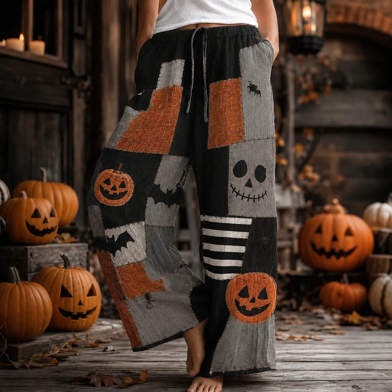 Women's Halloween Retro Pumpkin Bat Color Block Cotton Linen Pants