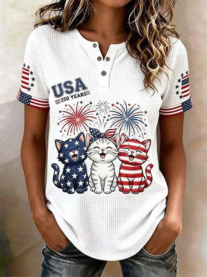 Women'S American Flag Cat Printed Casual Top