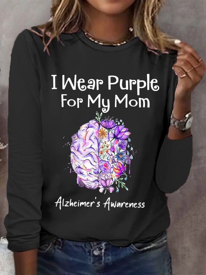Women's I Wear Purple For My Mom Alzheimer's Awareness Warrior Long-Sleeve T-Shirt