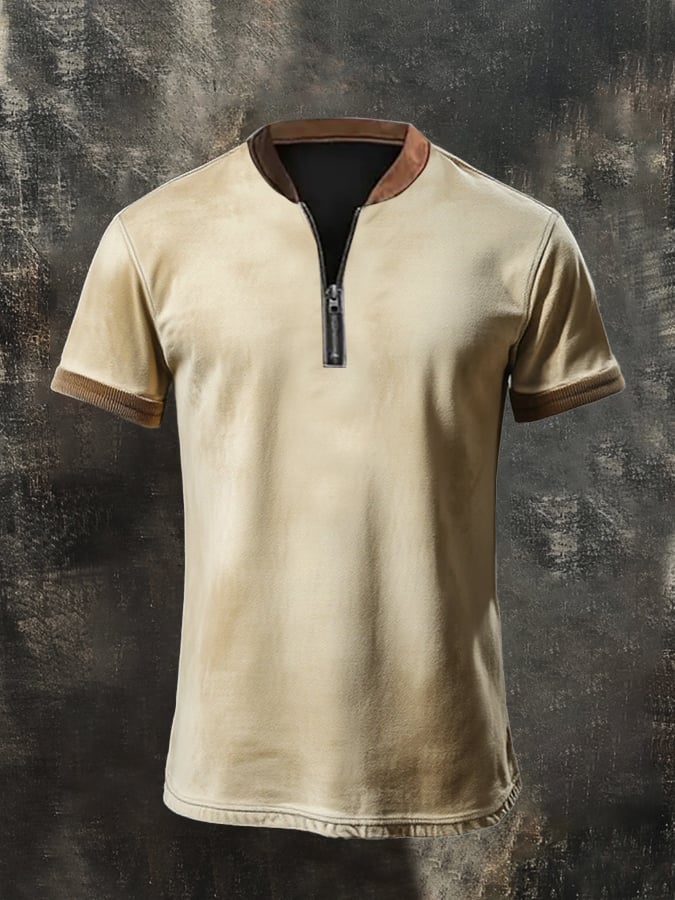 Men's casual retro print polo shirt with zip and stand-up collar