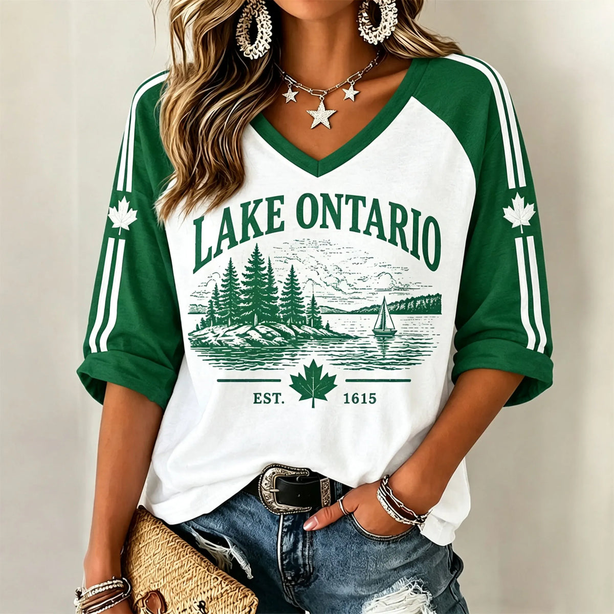 Women's Lake Ontario Pattern Print Raglan Sleeve Short Sleeve T-shirt