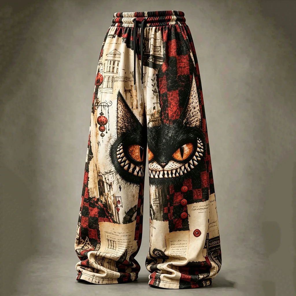 Retro Black Cat Plaid Color-blocked Printed Trousers