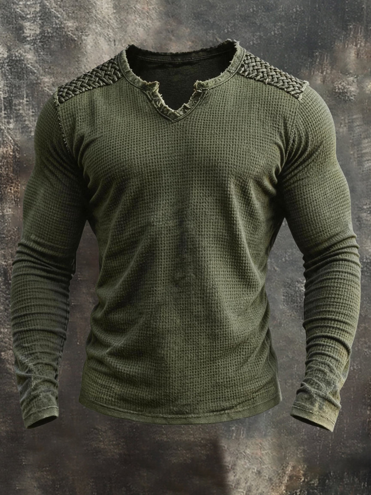 Men's Vintage-Style Distressed Long-Sleeve Top with Raw Edges and Small V-Neck