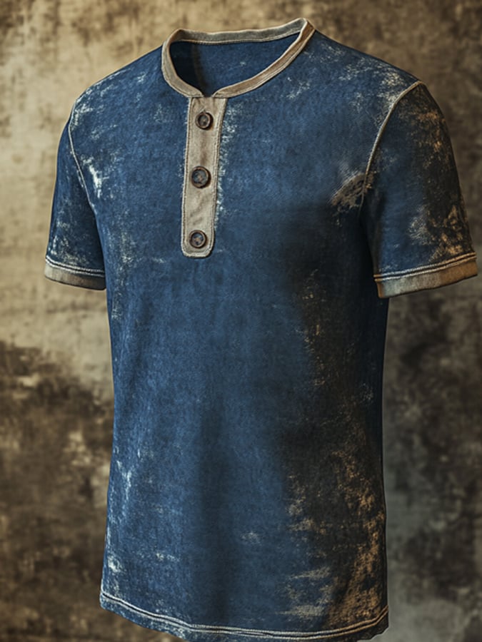 Men's casual Henley shirt with vintage print and short sleeves