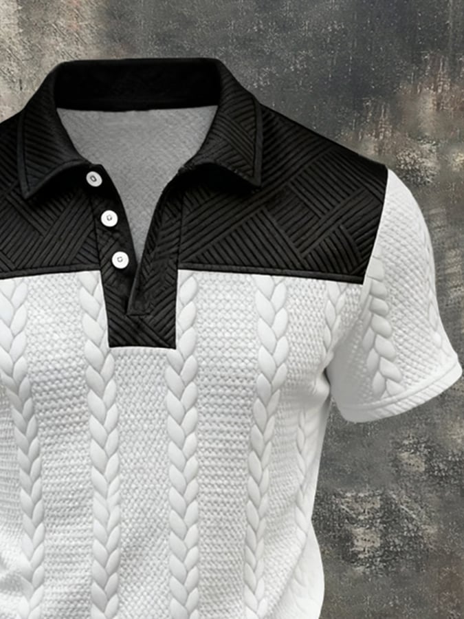 Men'S Fashion Short-Sleeve Polo Shirt With Textured Paneling And Color-Block Design