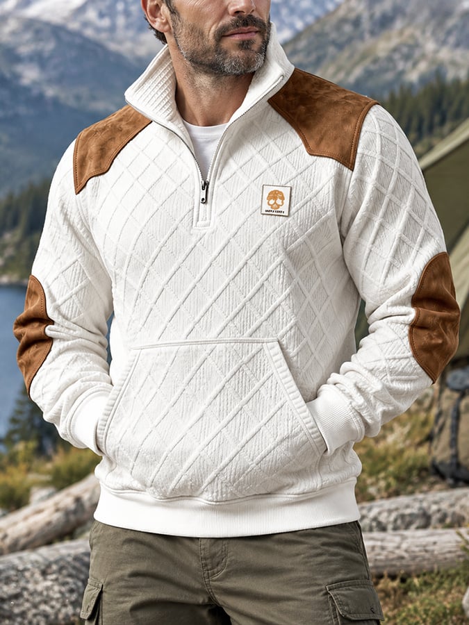 Men's Retro Textured Waffle-Knit Zip-Neck Sweatshirt