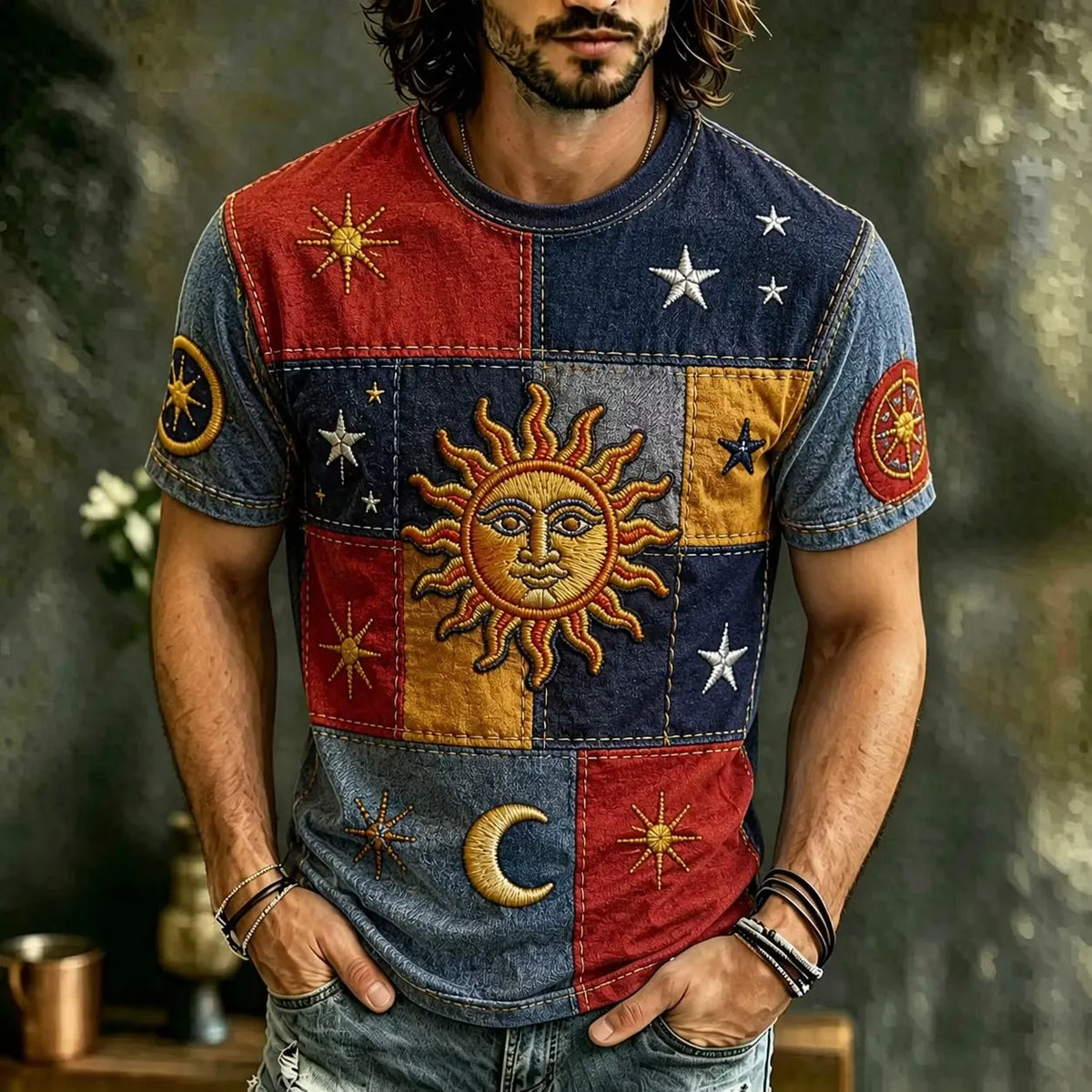 Men's Patch Pocket Sun Star Celestial Print Crew Neck Short Sleeve T-Shirt