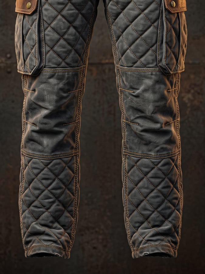 Men's Retro Multi-functional Cargo Pants with Textured Grid Pattern