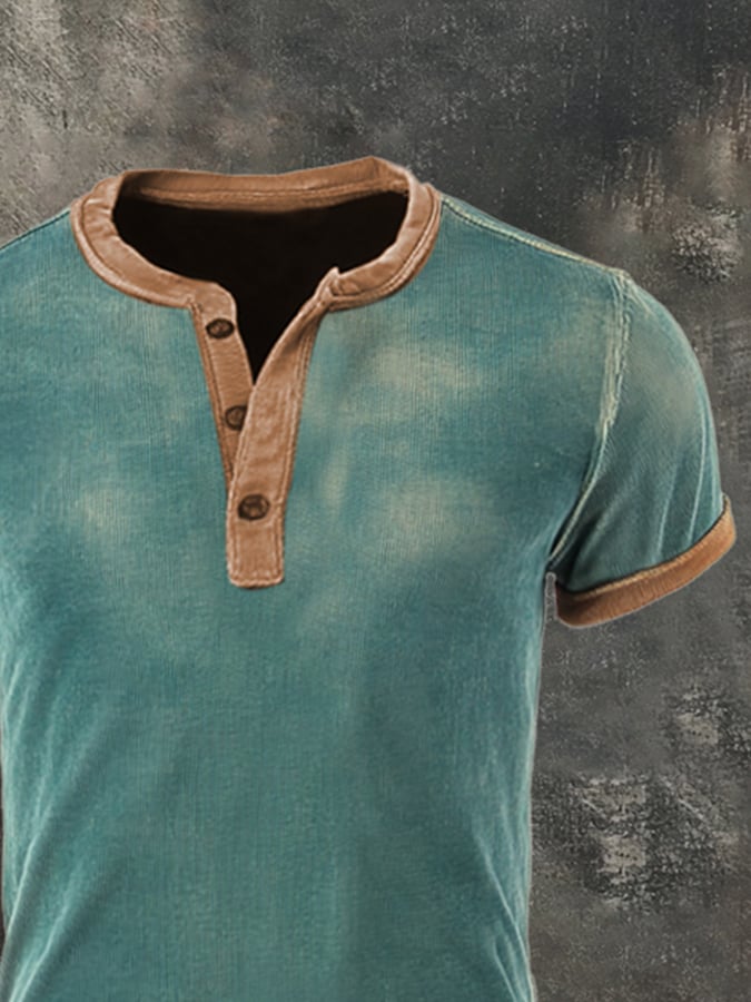 Men's Vintage Washed Cotton Casual Henley Short Sleeve T-Shirt