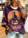 Women's Casual Hoodie Featuring Cat On Jack-o'-lantern Pumpkin And Full Moon Graphic